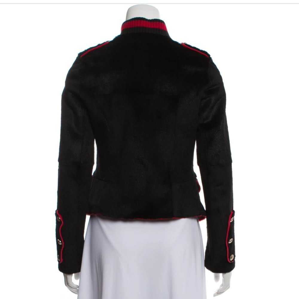 ❌❌ JOCELYN Rabbit Fur Zip Jacket Black Red Military S - Picture 3 of 3